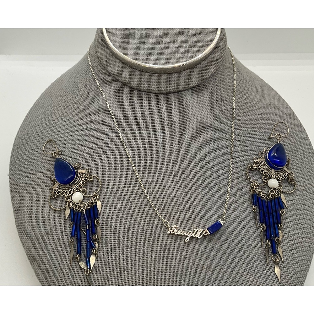 Silver Tone Sapphire Necklace, Bracelet, and Earring A15